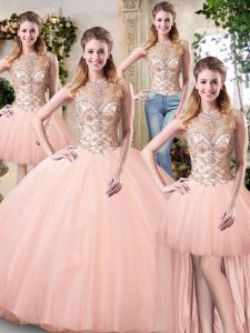 Colorful Peach Ball Gowns Tulle Scoop Sleeveless Beading Floor Length Lace Up Quinceanera Gowns