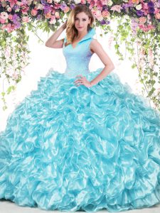 Pretty High-neck Sleeveless Organza Quinceanera Dress Beading and Ruffles Backless