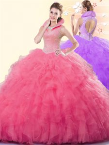 Coral Red Backless Quinceanera Dresses Beading and Ruffles Sleeveless Floor Length