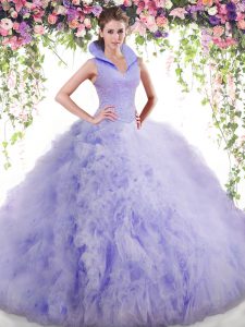 Gorgeous Lavender Tulle Backless High-neck Sleeveless Floor Length Sweet 16 Dresses Beading and Ruffles