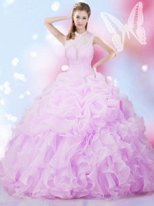 Lilac Organza Lace Up Sweet 16 Dresses Sleeveless Floor Length Beading and Ruffles and Pick Ups