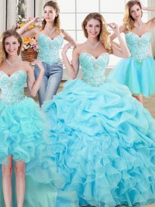 Four Piece Floor Length Aqua Blue Quince Ball Gowns Organza Sleeveless Beading and Ruffles and Pick Ups