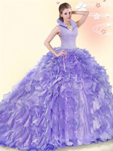 Smart Lavender Organza Backless Quinceanera Dresses Sleeveless Brush Train Beading and Ruffles