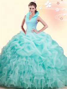 Latest Backless Apple Green Quinceanera Dress Organza Brush Train Sleeveless Beading and Ruffles and Pick Ups