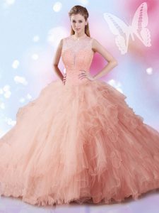 Floor Length Peach Quinceanera Gown Tulle Sleeveless Beading and Ruffles