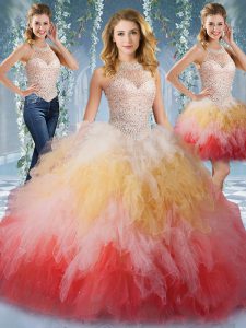 Multi-color Ball Gowns Tulle Halter Top Sleeveless Beading and Ruffles Floor Length Lace Up 15 Quinceanera Dress