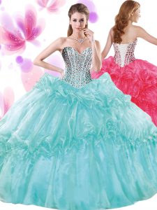 Turquoise Ball Gowns Beading and Pick Ups Sweet 16 Dresses Lace Up Organza Sleeveless Floor Length