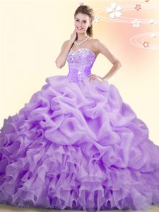 Lilac Ball Gowns Organza Sweetheart Sleeveless Beading and Ruffles and Pick Ups With Train Lace Up 15th Birthday Dress B