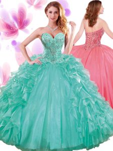 Turquoise Ball Gowns Sweetheart Sleeveless Organza Floor Length Lace Up Beading and Ruffles and Pick Ups Sweet 16 Dresse