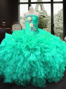 Fantastic Floor Length Turquoise Quinceanera Dress Organza Sleeveless Embroidery and Ruffles