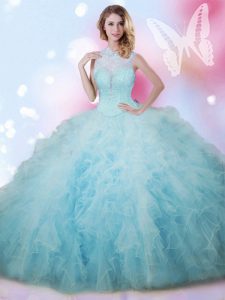 Graceful High-neck Sleeveless Quinceanera Gowns Floor Length Beading and Ruffles Baby Blue Tulle