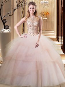 Peach Ball Gowns Tulle Scoop Sleeveless Beading and Ruffled Layers Lace Up Ball Gown Prom Dress Brush Train