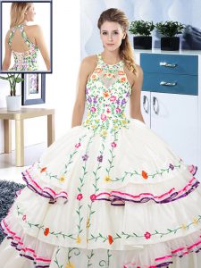 Exquisite White Halter Top Neckline Embroidery and Ruffled Layers Quinceanera Gown Sleeveless Lace Up