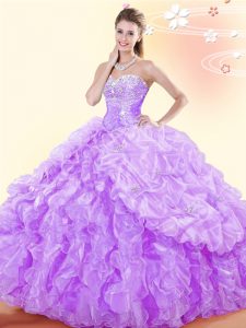Classical Lavender Ball Gowns Sweetheart Sleeveless Organza Floor Length Lace Up Beading and Ruffles and Pick Ups Quince