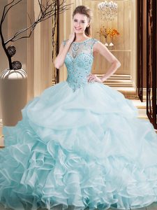 Scoop Light Blue Ball Gowns Beading and Ruffles and Pick Ups 15th Birthday Dress Lace Up Organza Sleeveless