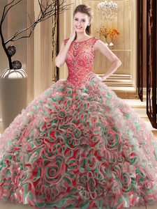 Scoop Sleeveless Beading Lace Up Sweet 16 Dress with Multi-color Brush Train