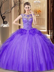 Scoop Purple Lace Up Quinceanera Gowns Sequins Sleeveless Floor Length