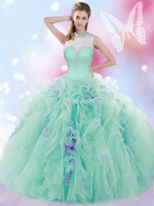 Apple Green Ball Gowns Beading and Ruffles Ball Gown Prom Dress Lace Up Tulle Sleeveless Floor Length