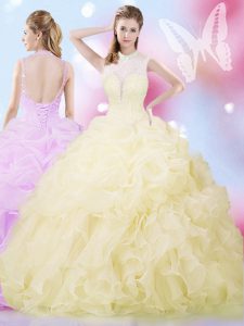 Fantastic Floor Length Lace Up Quinceanera Dresses Light Yellow for Military Ball and Sweet 16 and Quinceanera with Bead
