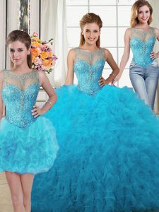 Three Piece Scoop Baby Blue Sleeveless Floor Length Beading and Ruffles Lace Up Quinceanera Dress