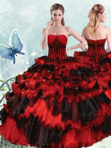 Ruffled Red And Black Sleeveless Organza Lace Up Quinceanera Gowns for Military Ball and Sweet 16 and Quinceanera