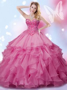 Rose Pink Sweetheart Lace Up Beading Quinceanera Gowns Sleeveless