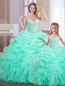 Excellent Floor Length Apple Green Ball Gown Prom Dress Organza Sleeveless Beading and Ruffles and Pick Ups