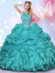 Best Halter Top Teal Lace Up Quinceanera Dresses Appliques and Ruffles and Pick Ups Sleeveless Floor Length