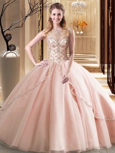 Peach Ball Gowns Tulle Scoop Sleeveless Beading Lace Up Quince Ball Gowns Brush Train