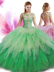 Beautiful Scoop Beading and Ruffles Quinceanera Gowns Multi-color Zipper Sleeveless Floor Length