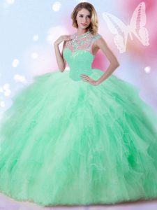 Classical Sequins Ball Gowns Sweet 16 Dress Apple Green High-neck Tulle Sleeveless Floor Length Zipper