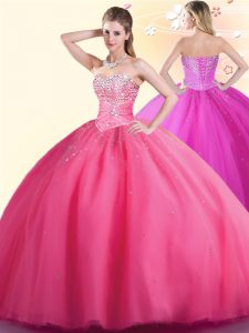 Cute Hot Pink Tulle Lace Up Sweet 16 Dress Sleeveless Floor Length Beading