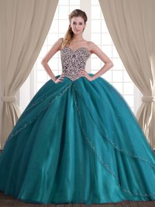 Teal Ball Gowns Beading Quinceanera Gowns Lace Up Tulle Sleeveless With Train