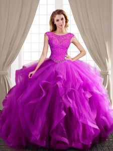 Cheap Fuchsia Ball Gowns Tulle Scoop Cap Sleeves Beading and Appliques and Ruffles With Train Lace Up Quinceanera Gowns 