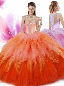 Colorful Sleeveless Tulle Floor Length Zipper Ball Gown Prom Dress in Multi-color with Beading and Ruffles