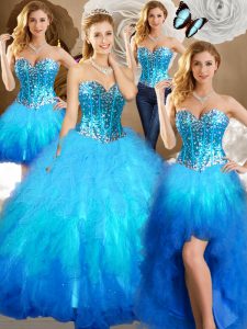 Beautiful Four Piece Multi-color Sweetheart Lace Up Beading and Ruffles and Sequins Ball Gown Prom Dress Sleeveless