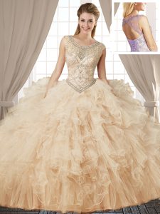 Classical Champagne Lace Up Scoop Beading and Ruffles Quinceanera Dresses Tulle Sleeveless