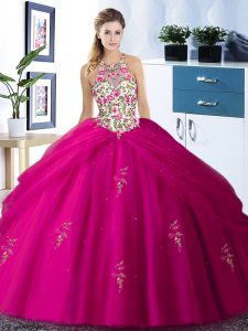 Fashion Fuchsia Lace Up Halter Top Embroidery and Pick Ups Quinceanera Dresses Tulle Sleeveless