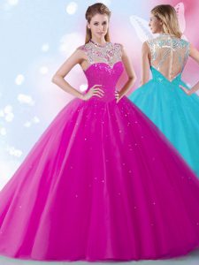 Scoop Sequins Fuchsia Sleeveless Tulle Zipper Quince Ball Gowns for Military Ball and Sweet 16 and Quinceanera