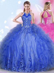 Halter Top Royal Blue Sleeveless Tulle Lace Up Ball Gown Prom Dress for Military Ball and Sweet 16 and Quinceanera