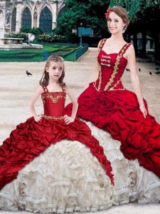 White And Red Straps Neckline Beading and Ruffles and Pick Ups Quinceanera Gown Sleeveless Lace Up