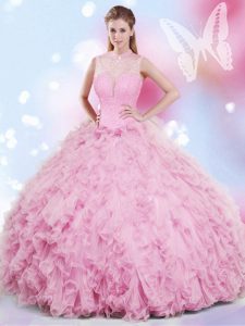 Rose Pink Tulle Lace Up Halter Top Sleeveless Floor Length Ball Gown Prom Dress Beading and Ruffles