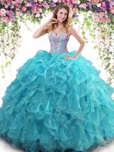 Flare Aqua Blue Sleeveless Floor Length Beading and Ruffles Lace Up Quince Ball Gowns