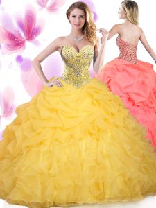 Ruffled Sweetheart Sleeveless Lace Up Sweet 16 Quinceanera Dress Gold Tulle
