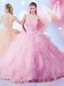 Unique Rose Pink Neckline Beading and Ruffles Quinceanera Gowns Sleeveless Lace Up