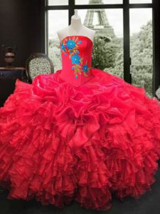 Nice Sleeveless Organza Floor Length Lace Up Sweet 16 Quinceanera Dress in Red with Embroidery and Ruffles