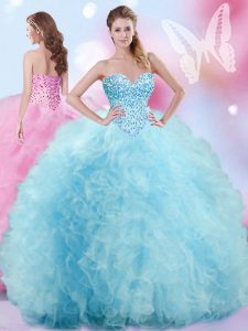 Popular Baby Blue Ball Gowns Tulle Sweetheart Sleeveless Beading and Ruffles Floor Length Lace Up Quinceanera Dresses