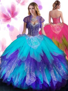 Suitable Floor Length Multi-color 15th Birthday Dress Tulle Sleeveless Beading and Ruffled Layers