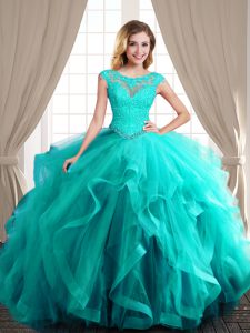 Turquoise Ball Gowns Scoop Cap Sleeves Tulle With Brush Train Lace Up Beading and Appliques and Ruffles 15th Birthday Dr