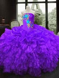 Best Selling Purple Ball Gowns Strapless Sleeveless Organza Floor Length Lace Up Embroidery Quinceanera Dress